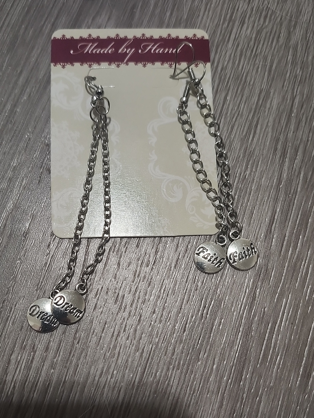 Handmade Silver Charm Dangle Faith & Dream Duo Earring Set